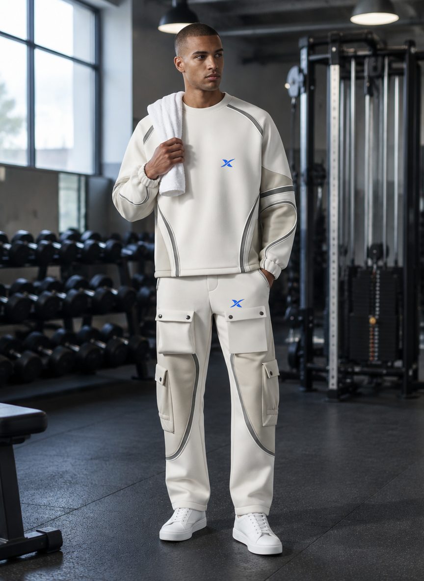 The model wears the Curve Panel Set in a gym.