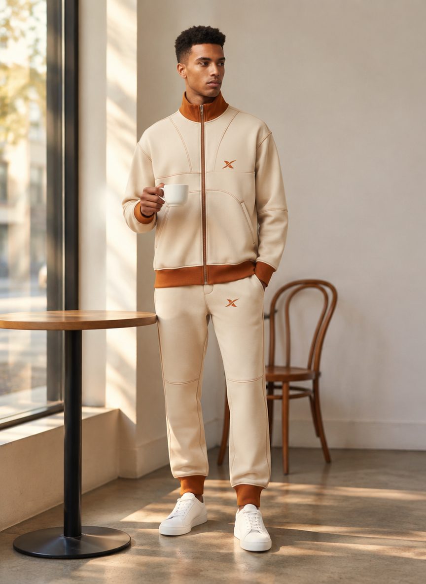 Le mannequin porte l'ensemble Grid Stitch dans un café, près d'une fenêtre.