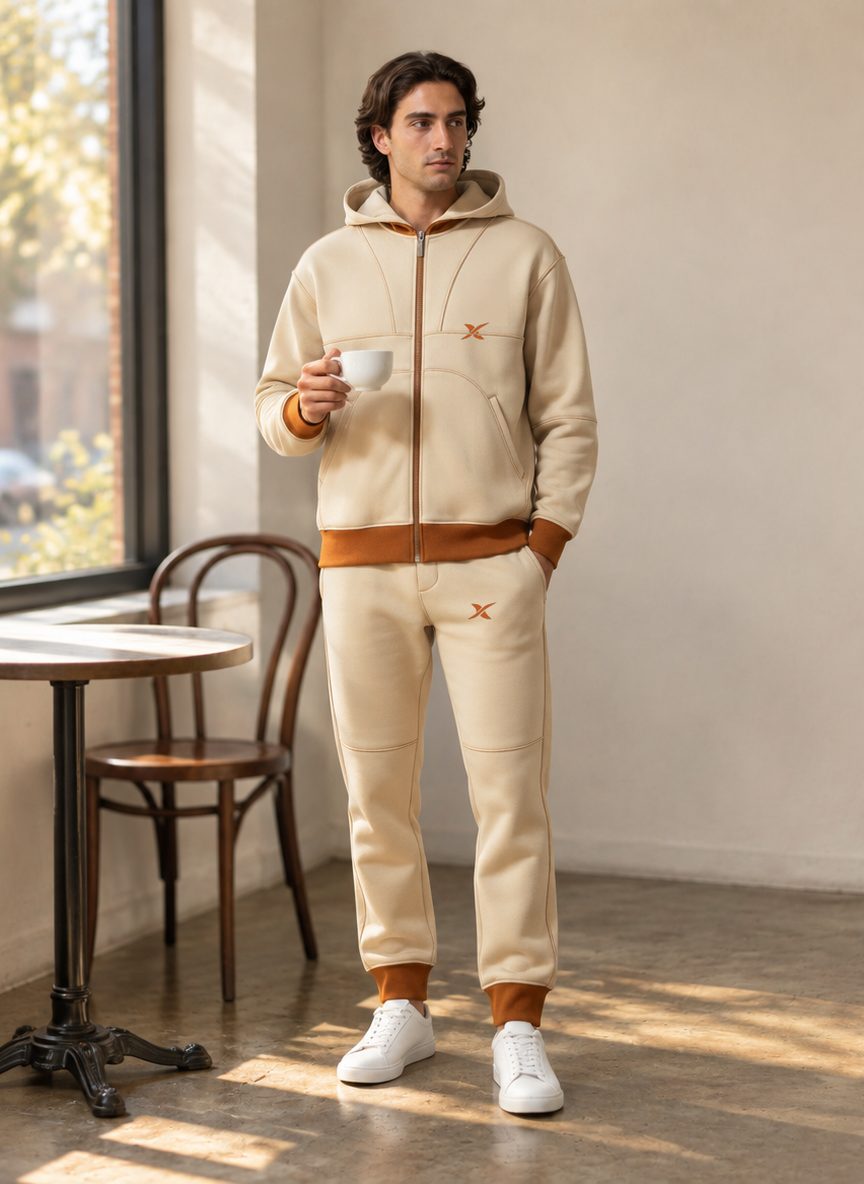 The model wears the Grid Stitch Hooded Set in a café, by a window.