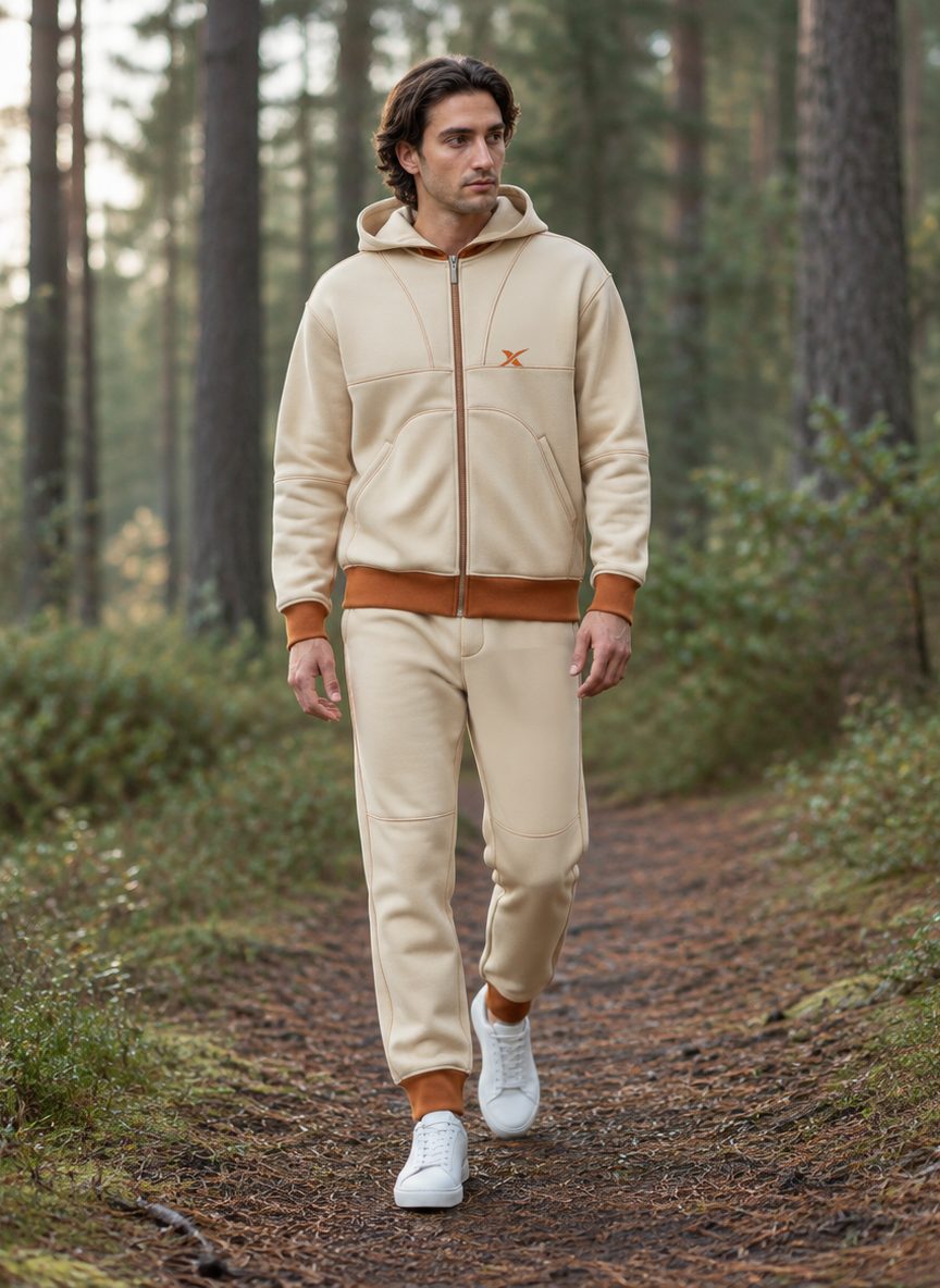 The model walks along a forest path, dressed in the Grid Stitch Hooded Set.