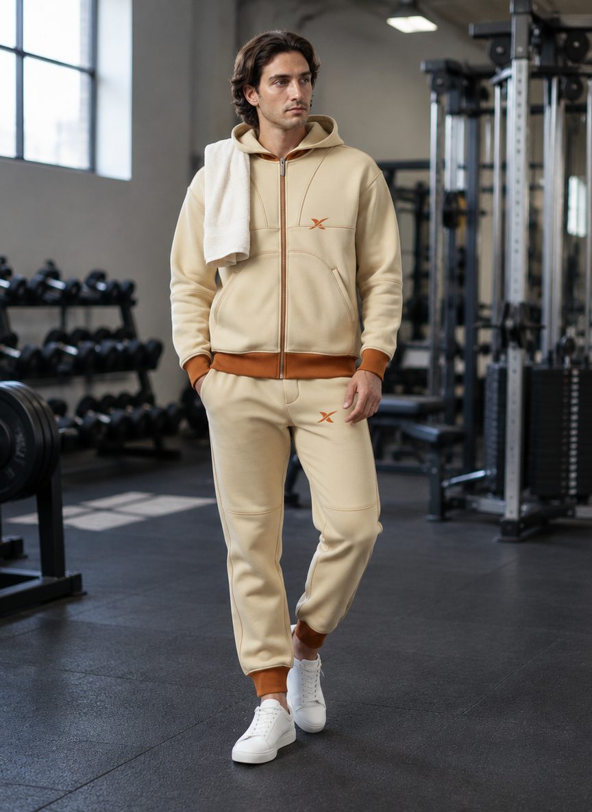 The model wears the Grid Stitch Hooded Set in a gym.