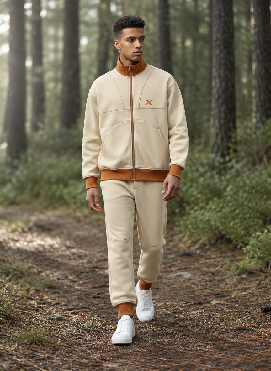Le mannequin marche sur un chemin forestier, vêtu de l'ensemble Grid Stitch.