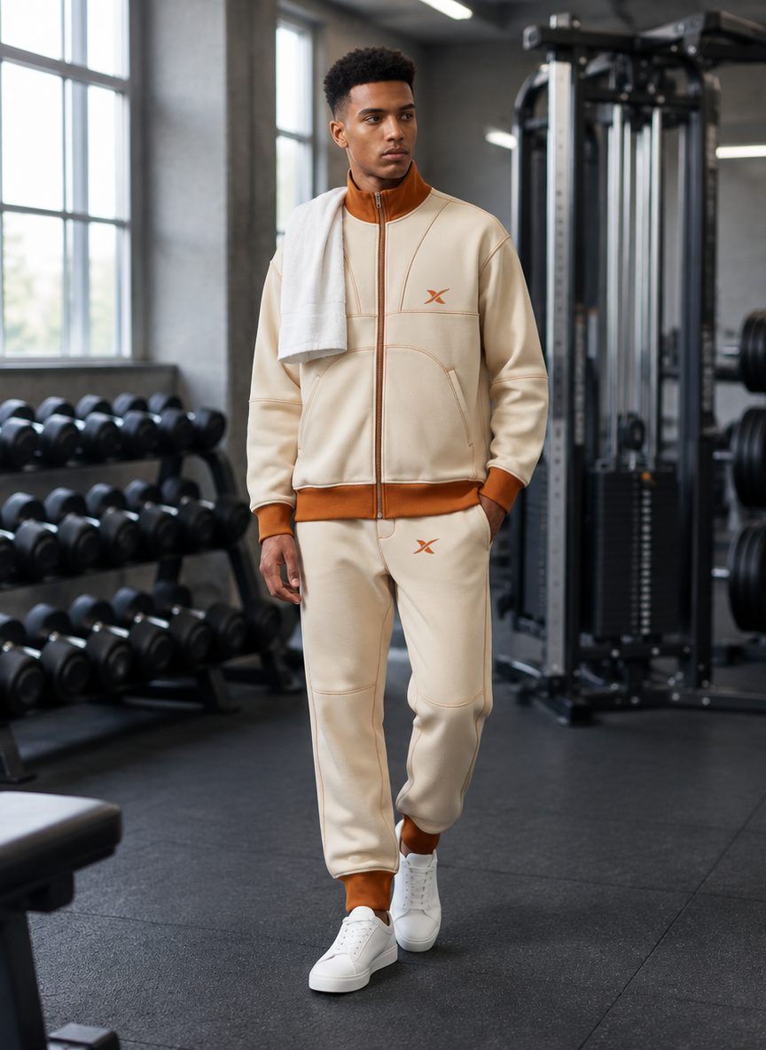 Le mannequin porte l'ensemble Grid Stitch dans une salle de sport.