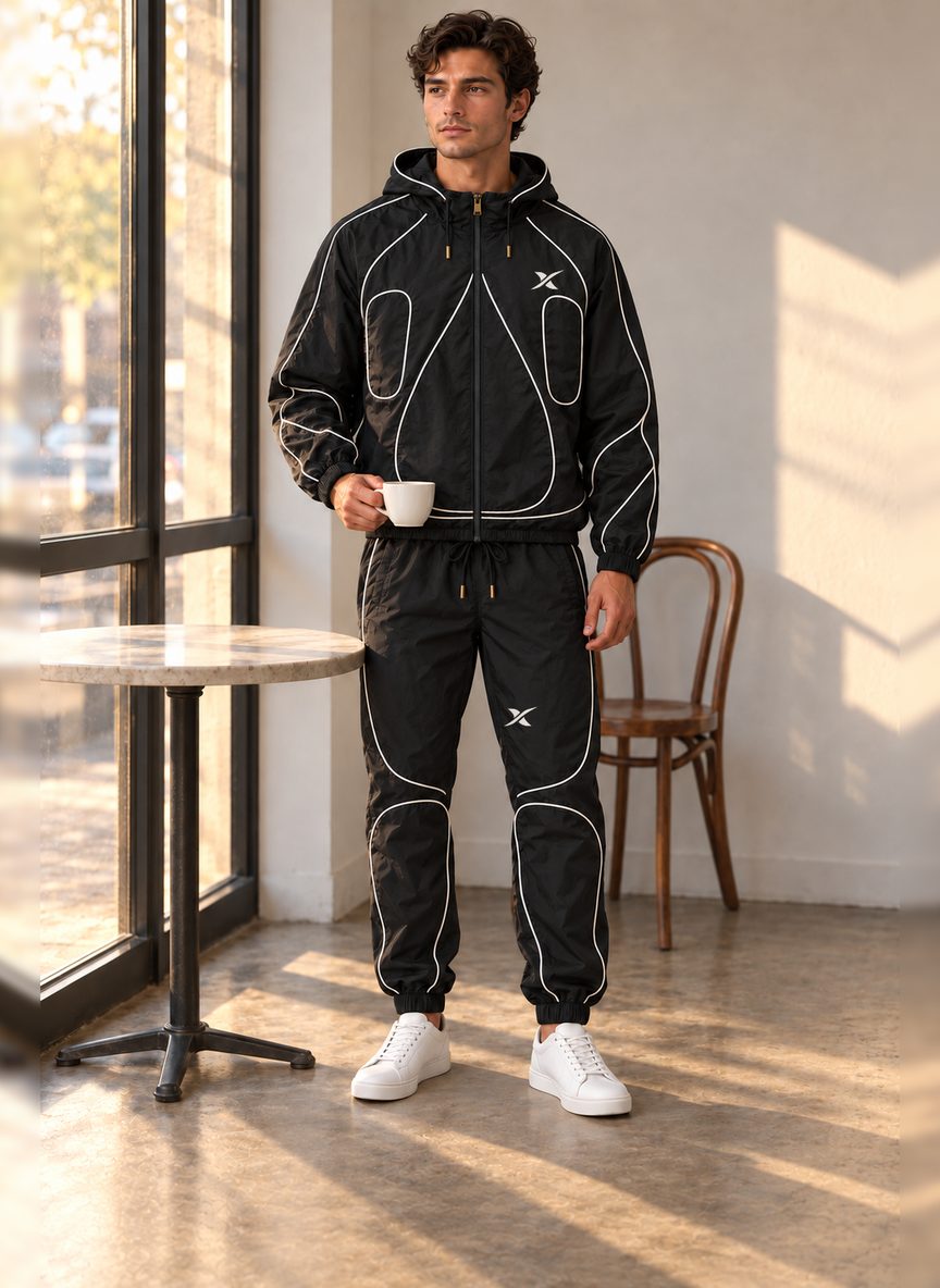 Le mannequin porte l'ensemble Loop Piping Capuche coloris Original dans un café, près d'une fenêtre.