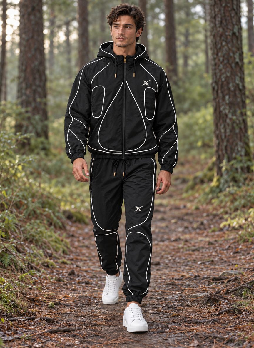 Le mannequin marche sur un chemin forestier, vêtu de l'ensemble Loop Piping Capuche coloris Original.