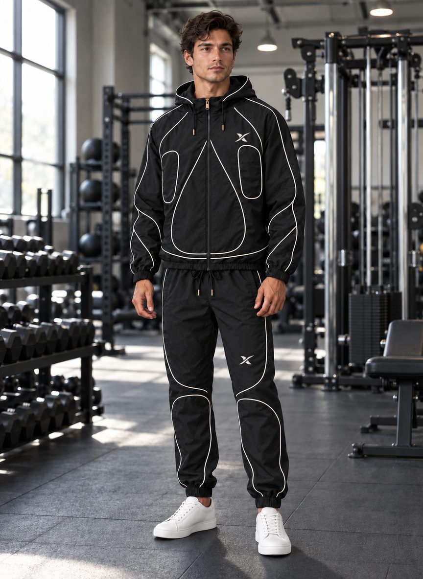 Le mannequin porte l'ensemble Loop Piping Capuche coloris Original dans une salle de sport.
