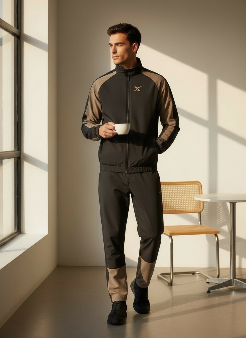 Le mannequin porte l'ensemble dans un café, près d'une fenêtre.