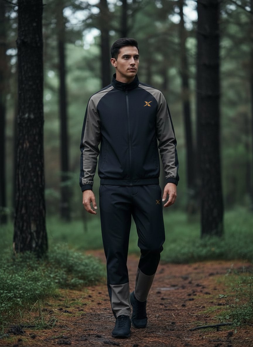 Le mannequin marche sur un chemin forestier, vêtu de l'ensemble.