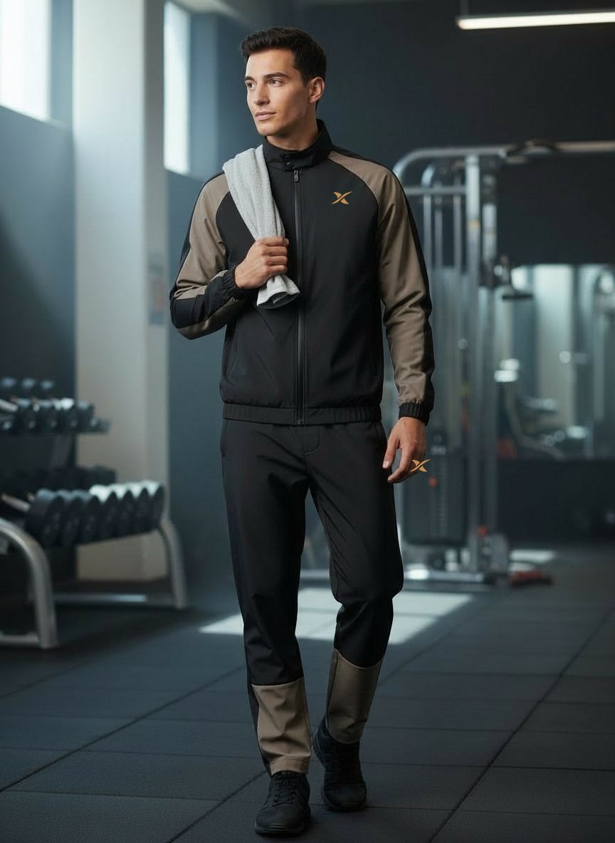 Le mannequin porte l'ensemble Raglan Shift dans une salle de sport.