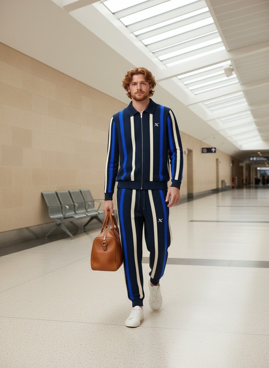 Le mannequin traverse un couloir d'aéroport, sac à la main.