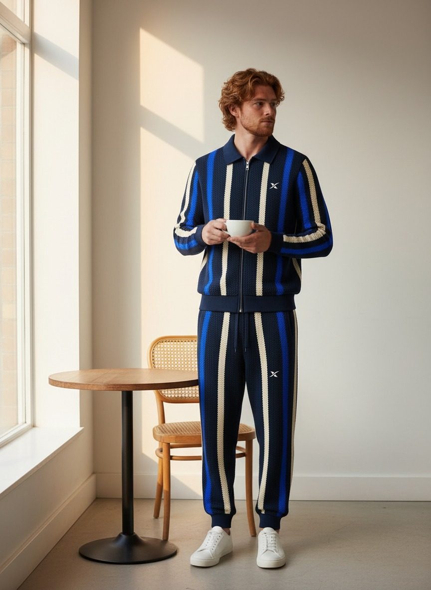Le mannequin porte l'ensemble dans un café, une tasse à la main, près d'une fenêtre.