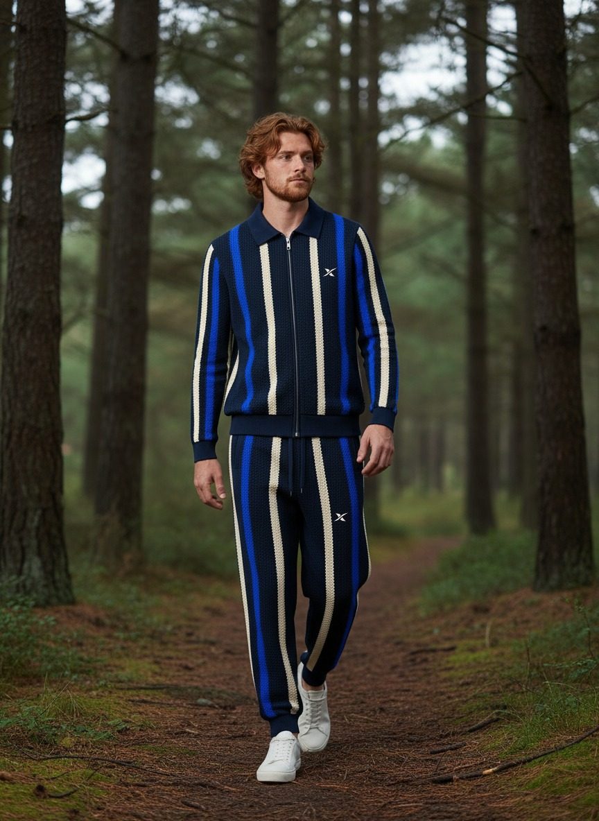 Le mannequin marche sur un chemin forestier, vêtu de l'ensemble.