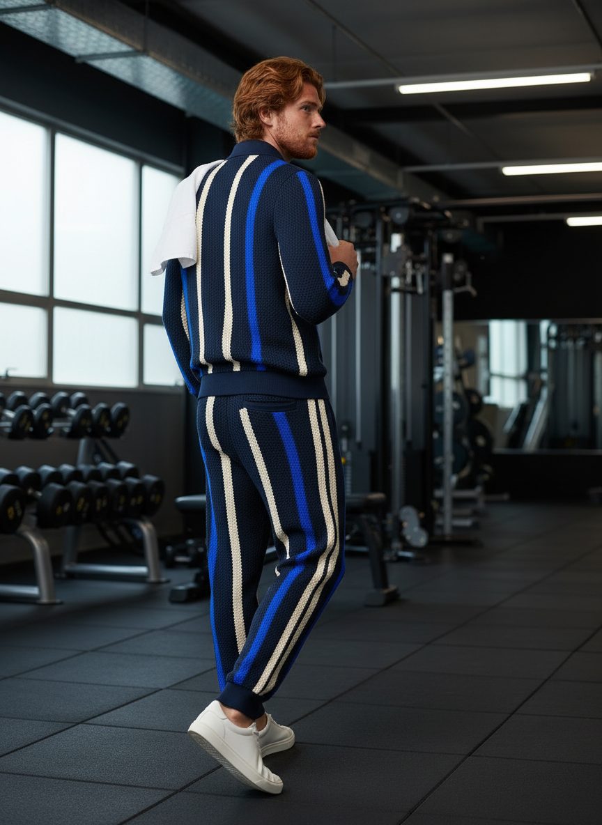 Le mannequin, de dos, porte l'ensemble Riviera Stripe V2 ML dans une salle de sport.
