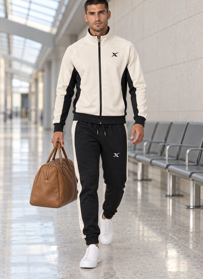 Le mannequin traverse un couloir d'aéroport, sac à la main, vêtu de l'ensemble Side Panel Zip coloris Original.