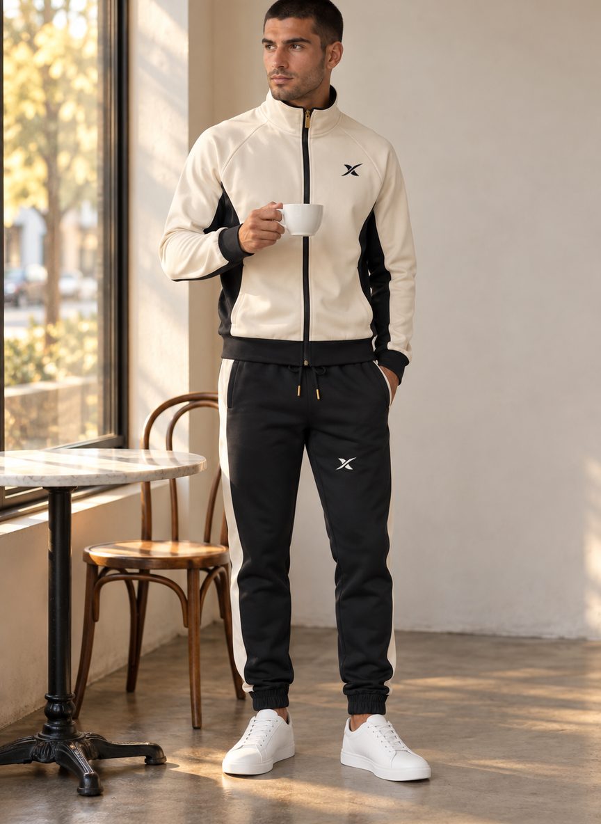 Le mannequin porte l'ensemble Side Panel Zip coloris Original dans un café, près d'une fenêtre.