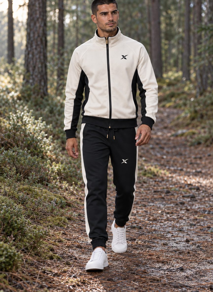 Le mannequin marche sur un chemin forestier, vêtu de l'ensemble Side Panel Zip coloris Original.